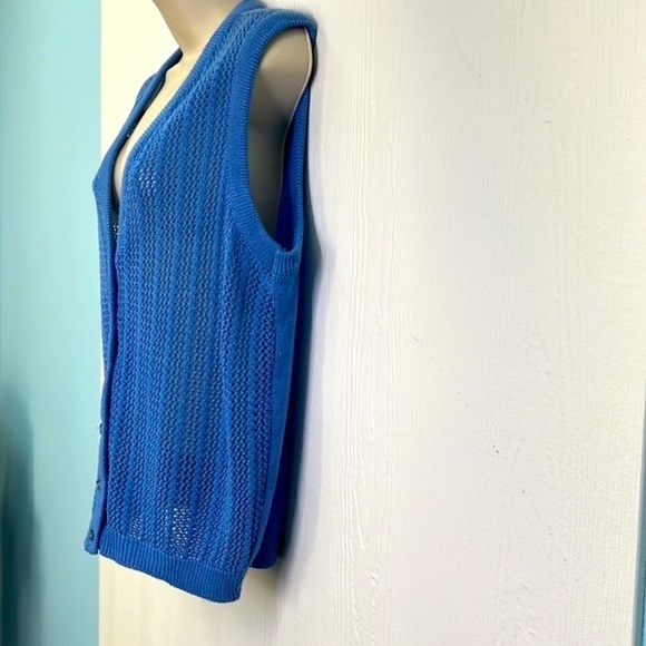 Lady Devon - Vintage Blue Open Knit Front Button Down Sweater Vest Size Small - Picture 4 of 12